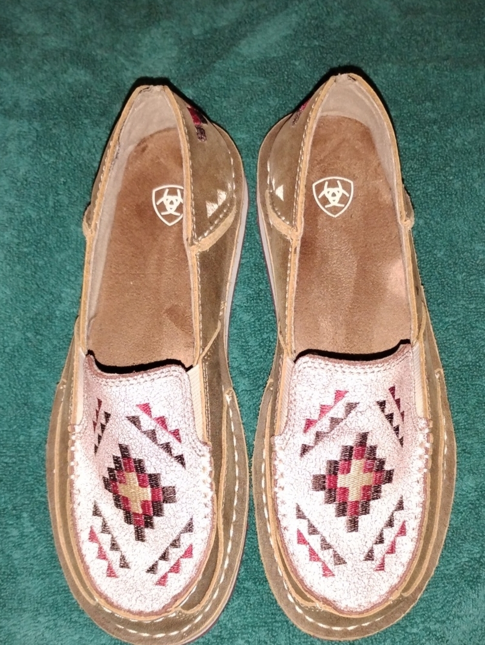 Ariat Women's Tan/Brown Slip-On Moccasins with Pink & Maroon Embroidery
